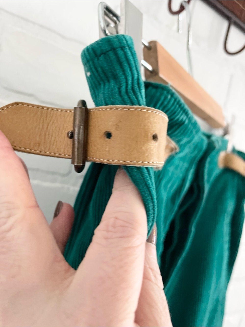 Vintage 70s Emerald Teal Corduroy Barrel Pants Leather Side Tabs Archive Size 10 - Picture 6 of 16